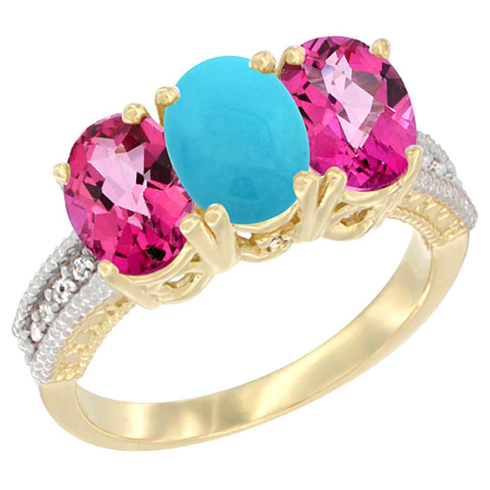 10K Yellow Gold Diamond Natural Turquoise &amp; Pink Topaz Ring 3-Stone 7x5 mm Oval, sizes 5 - 10