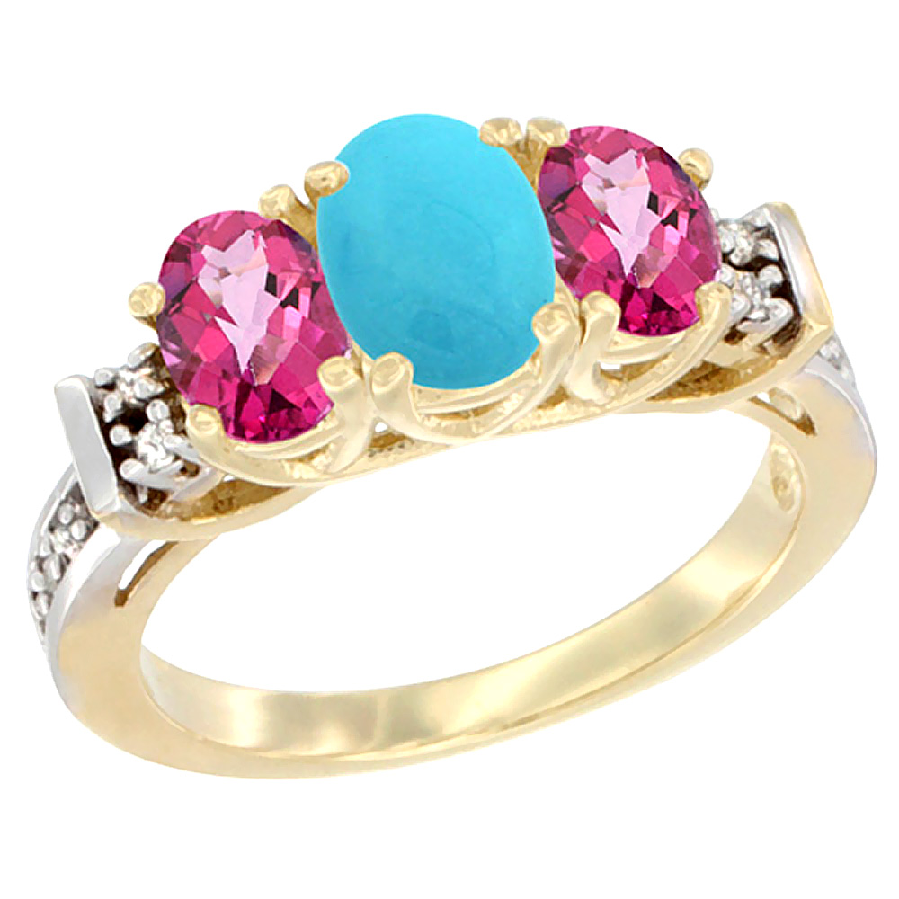 14K Yellow Gold Natural Turquoise & Pink Topaz Ring 3-Stone Oval Diamond Accent