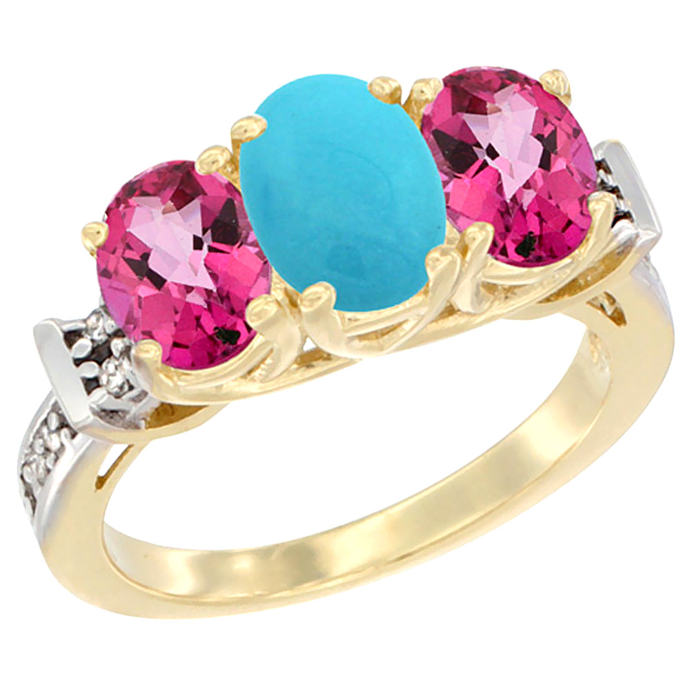 10K Yellow Gold Natural Turquoise & Pink Topaz Sides Ring 3-Stone Oval Diamond Accent, sizes 5 - 10