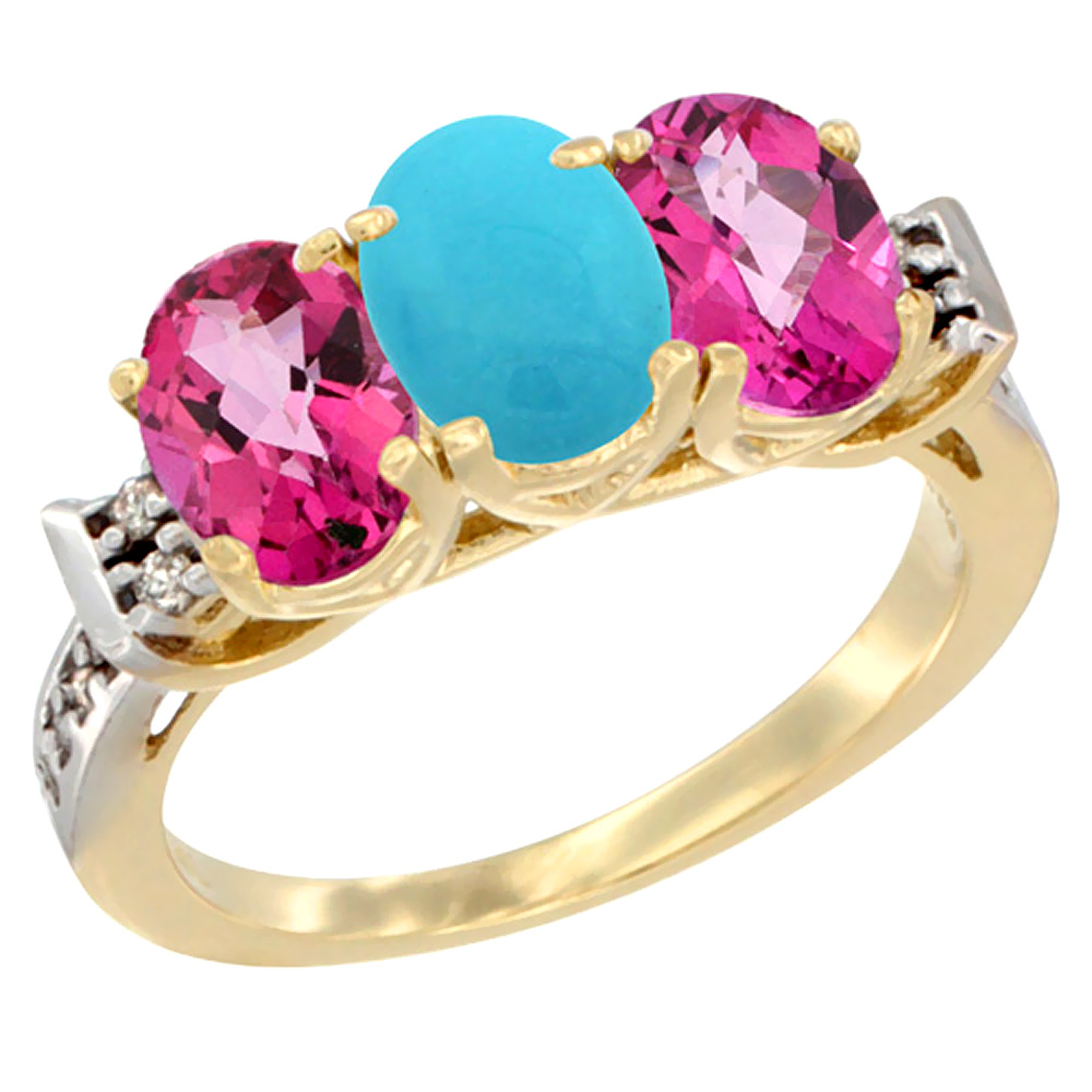 10K Yellow Gold Natural Turquoise & Pink Topaz Sides Ring 3-Stone Oval 7x5 mm Diamond Accent, sizes 5 - 10