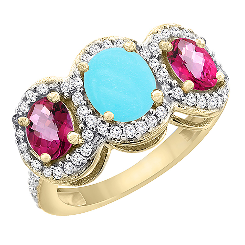 14K Yellow Gold Natural Turquoise &amp; Pink Topaz 3-Stone Ring Oval Diamond Accent, sizes 5 - 10