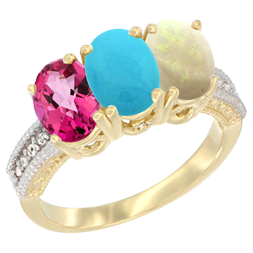 10K Yellow Gold Diamond Natural Pink Topaz, Turquoise &amp; Opal Ring 3-Stone 7x5 mm Oval, sizes 5 - 10