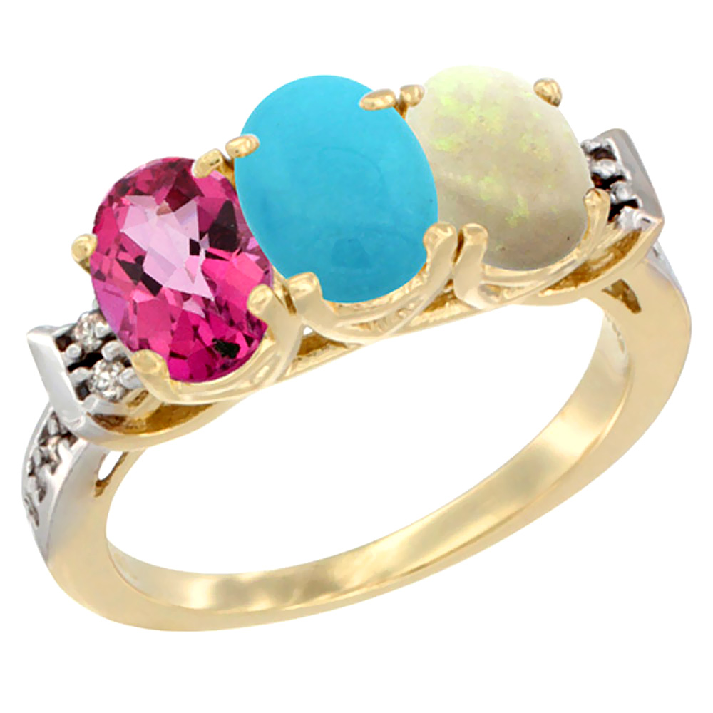 10K Yellow Gold Natural Pink Topaz, Turquoise & Opal Ring 3-Stone Oval 7x5 mm Diamond Accent, sizes 5 - 10