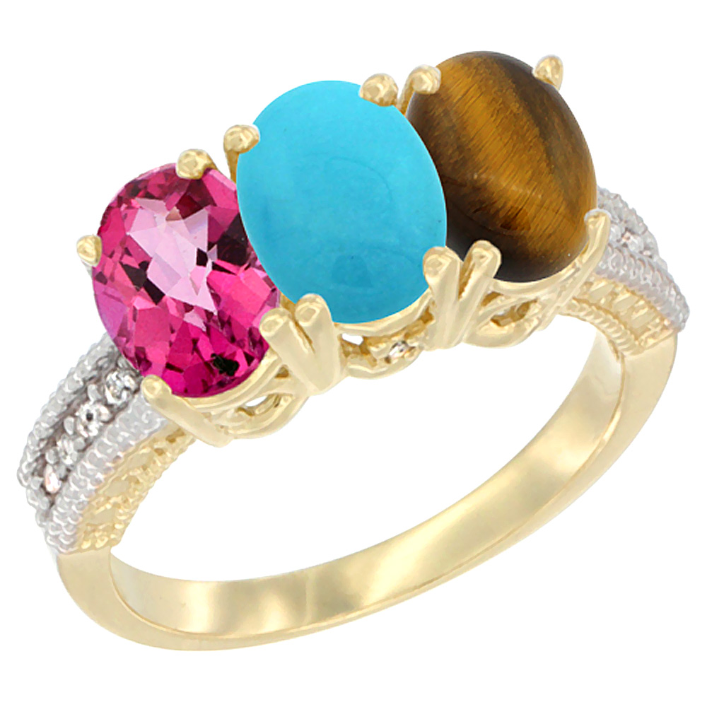 14K Yellow Gold Natural Pink Topaz, Turquoise &amp; Tiger Eye Ring 3-Stone 7x5 mm Oval Diamond Accent, sizes 5 - 10