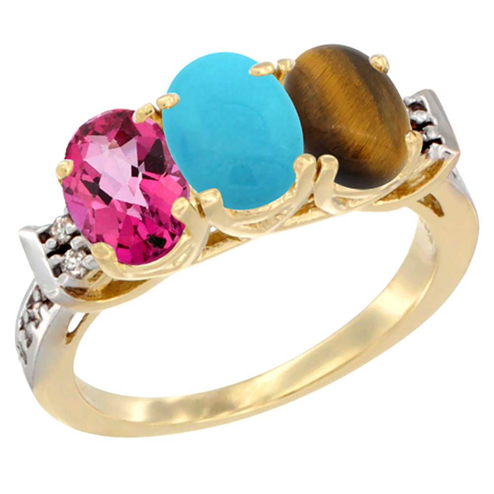 10K Yellow Gold Natural Pink Topaz, Turquoise & Tiger Eye Ring 3-Stone Oval 7x5 mm Diamond Accent, sizes 5 - 10