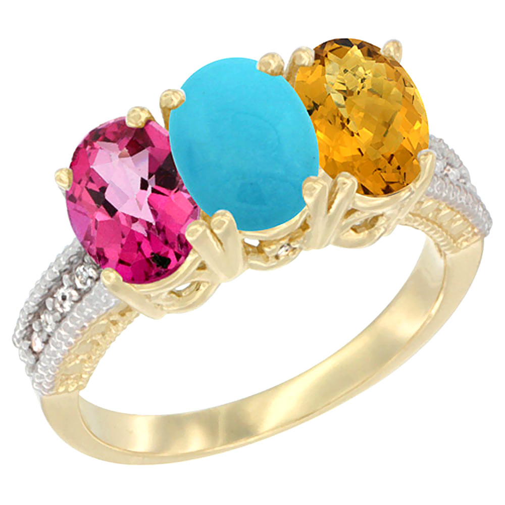 10K Yellow Gold Diamond Natural Pink Topaz, Turquoise &amp; Whisky Quartz Ring 3-Stone 7x5 mm Oval, sizes 5 - 10