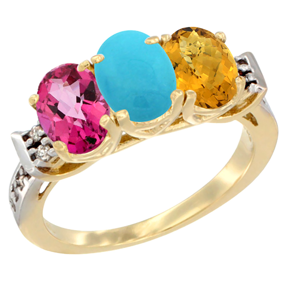 10K Yellow Gold Natural Pink Topaz, Turquoise &amp; Whisky Quartz Ring 3-Stone Oval 7x5 mm Diamond Accent, sizes 5 - 10