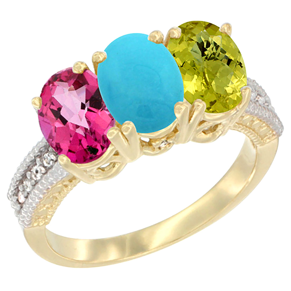 14K Yellow Gold Natural Pink Topaz, Turquoise &amp; Lemon Quartz Ring 3-Stone 7x5 mm Oval Diamond Accent, sizes 5 - 10