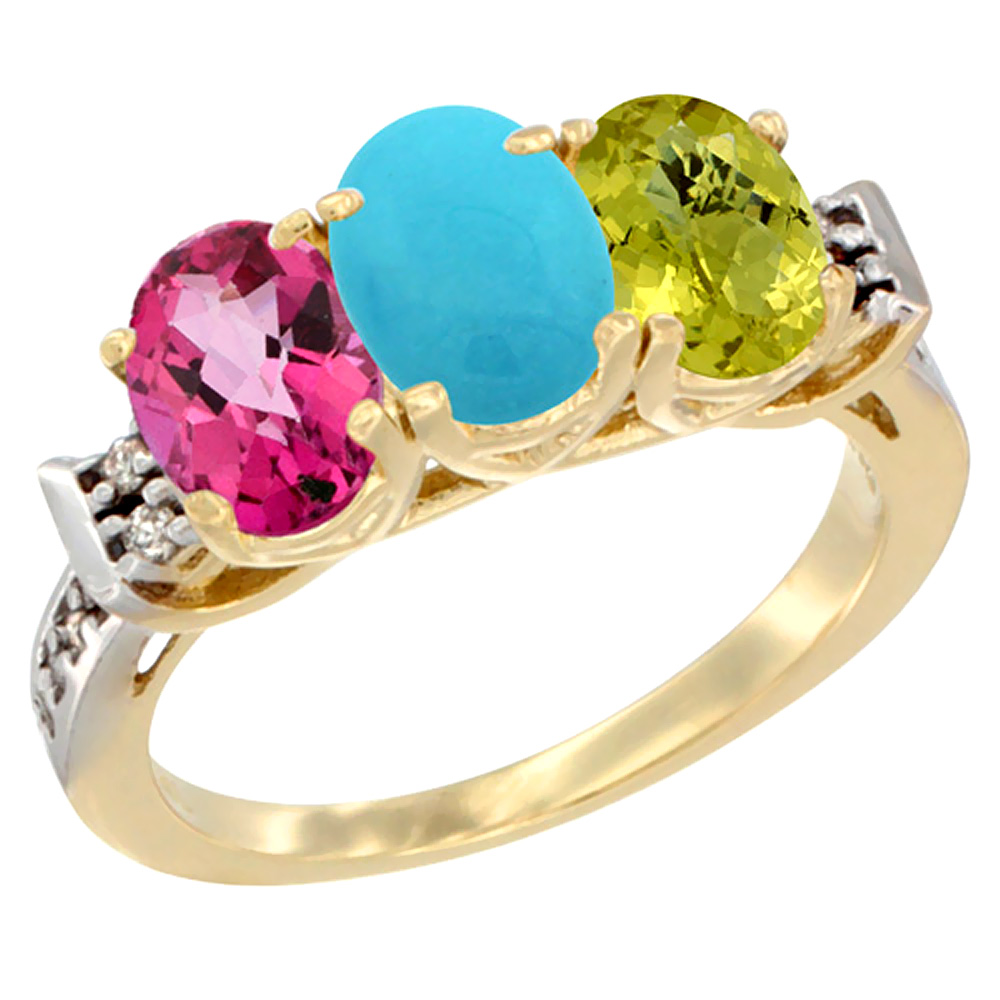 14K Yellow Gold Natural Pink Topaz, Turquoise &amp; Lemon Quartz Ring 3-Stone Oval 7x5 mm Diamond Accent, sizes 5 - 10