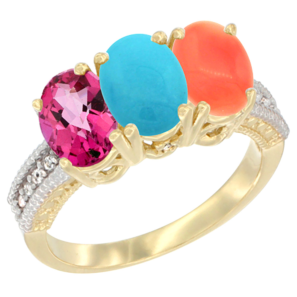 14K Yellow Gold Natural Pink Topaz, Turquoise & Coral Ring 3-Stone 7x5 mm Oval Diamond Accent, sizes 5 - 10