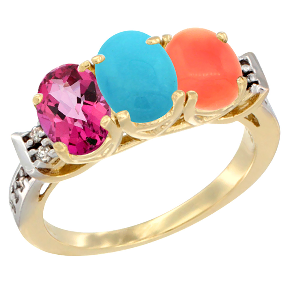 14K Yellow Gold Natural Pink Topaz, Turquoise &amp; Coral Ring 3-Stone Oval 7x5 mm Diamond Accent, sizes 5 - 10
