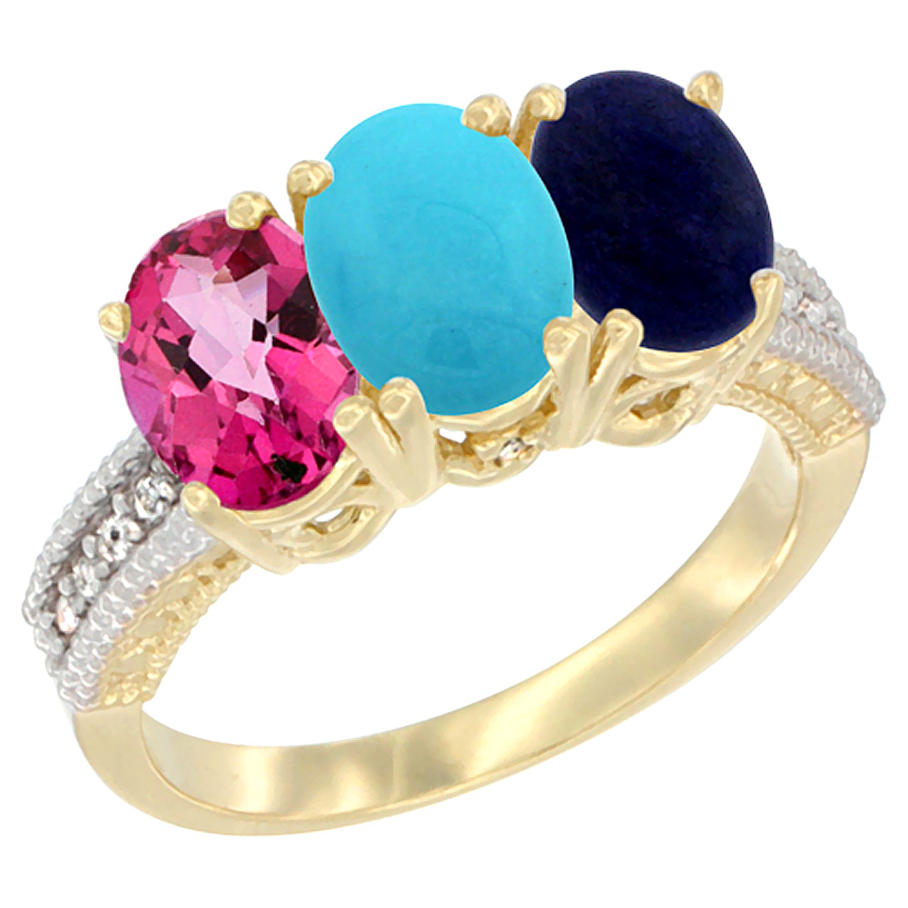 10K Yellow Gold Diamond Natural Pink Topaz, Turquoise &amp; Lapis Ring 3-Stone 7x5 mm Oval, sizes 5 - 10