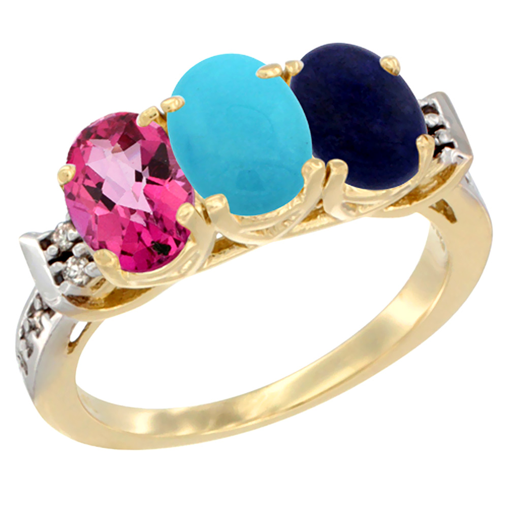 10K Yellow Gold Natural Pink Topaz, Turquoise & Lapis Ring 3-Stone Oval 7x5 mm Diamond Accent, sizes 5 - 10