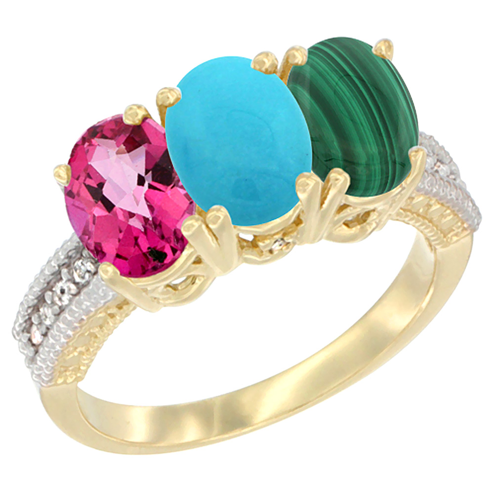 14K Yellow Gold Natural Pink Topaz, Turquoise & Malachite Ring 3-Stone 7x5 mm Oval Diamond Accent, sizes 5 - 10