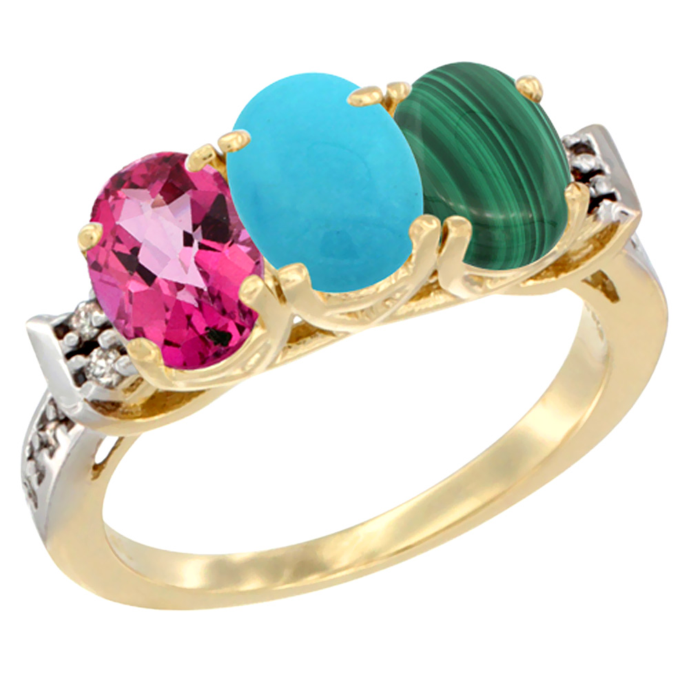 10K Yellow Gold Natural Pink Topaz, Turquoise &amp; Malachite Ring 3-Stone Oval 7x5 mm Diamond Accent, sizes 5 - 10