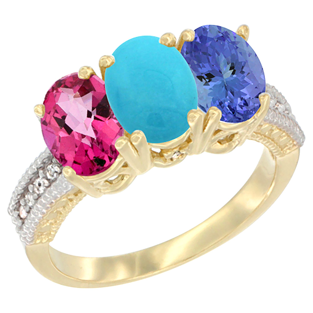 14K Yellow Gold Natural Pink Topaz, Turquoise &amp; Tanzanite Ring 3-Stone 7x5 mm Oval Diamond Accent, sizes 5 - 10
