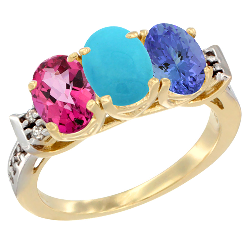 10K Yellow Gold Natural Pink Topaz, Turquoise &amp; Tanzanite Ring 3-Stone Oval 7x5 mm Diamond Accent, sizes 5 - 10