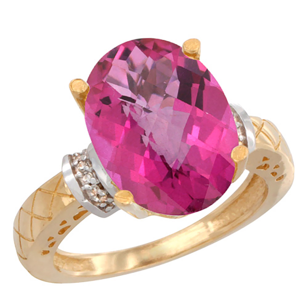 14K Yellow Gold Diamond Natural Pink Topaz Ring Oval 14x10mm, sizes 5-10