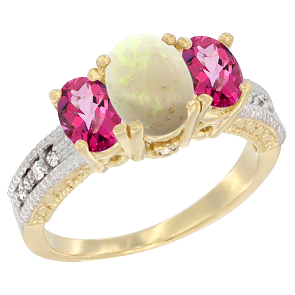 14K Yellow Gold Diamond Natural Opal Ring Oval 3-stone with Pink Topaz, sizes 5 - 10