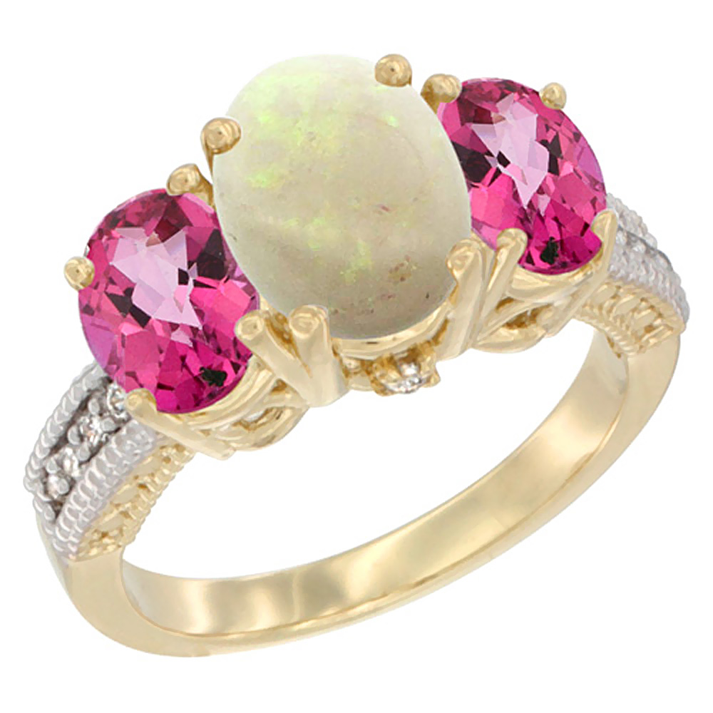 14K Yellow Gold Diamond Natural Opal Ring 3-Stone Oval 8x6mm with Pink Topaz, sizes5-10