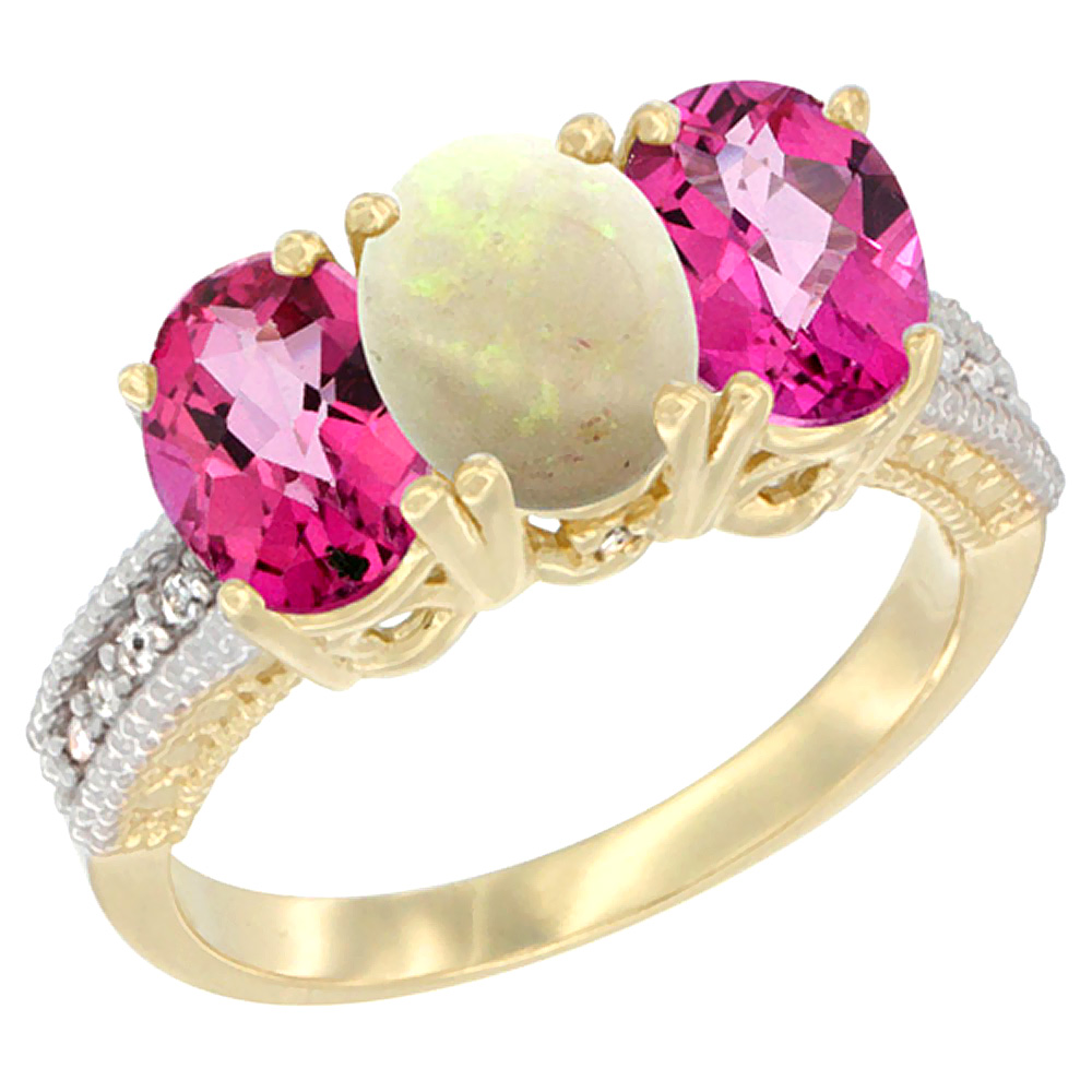 14K Yellow Gold Natural Opal &amp; Pink Topaz Ring 3-Stone 7x5 mm Oval Diamond Accent, sizes 5 - 10