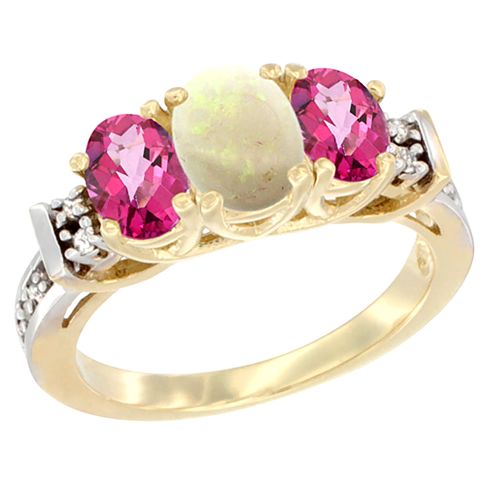14K Yellow Gold Natural Opal &amp; Pink Topaz Ring 3-Stone Oval Diamond Accent
