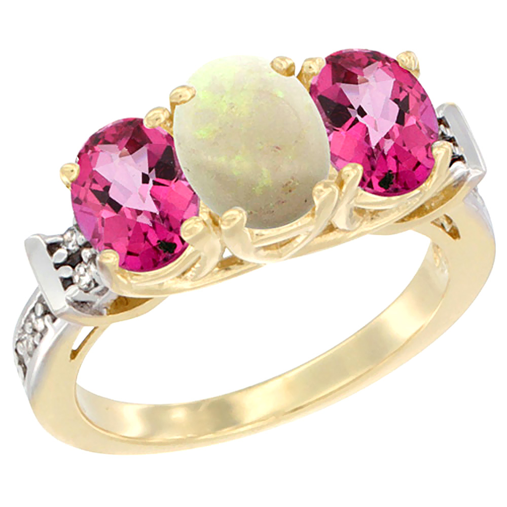 14K Yellow Gold Natural Opal &amp; Pink Topaz Sides Ring 3-Stone Oval Diamond Accent, sizes 5 - 10