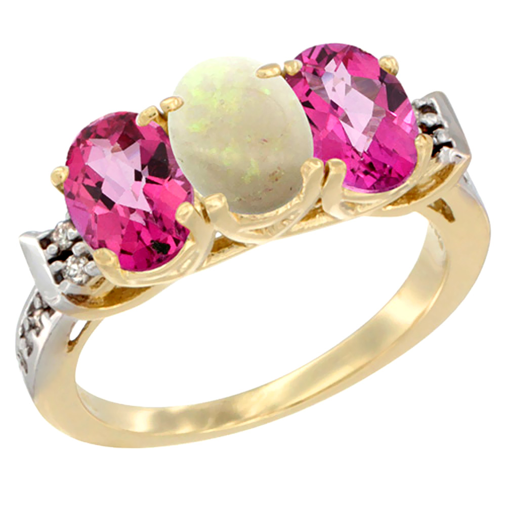 14K Yellow Gold Natural Opal &amp; Pink Topaz Sides Ring 3-Stone Oval 7x5 mm Diamond Accent, sizes 5 - 10