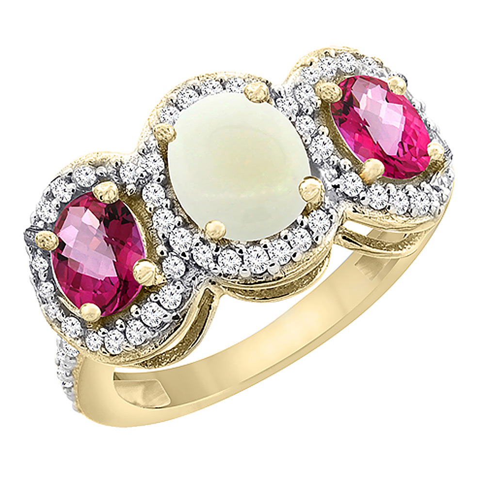 10K Yellow Gold Natural Opal &amp; Pink Topaz 3-Stone Ring Oval Diamond Accent, sizes 5 - 10