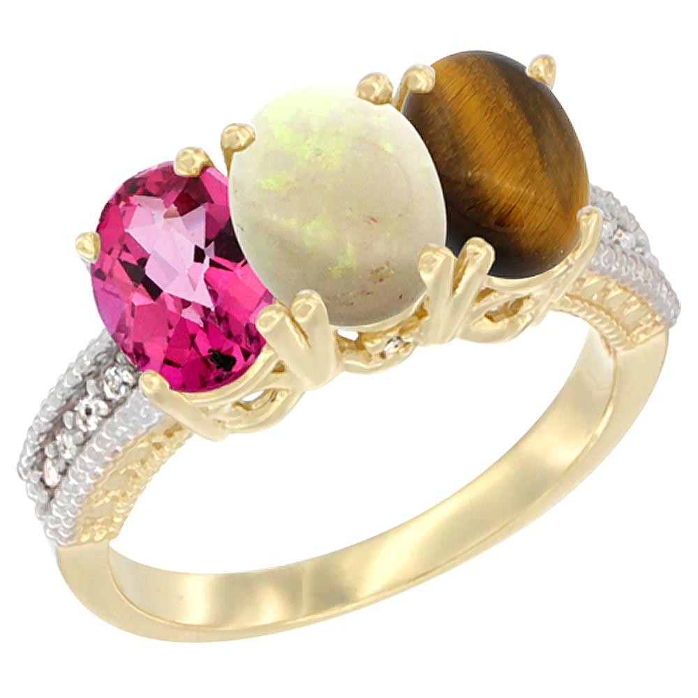 10K Yellow Gold Diamond Natural Pink Topaz, Opal & Tiger Eye Ring 3-Stone 7x5 mm Oval, sizes 5 - 10