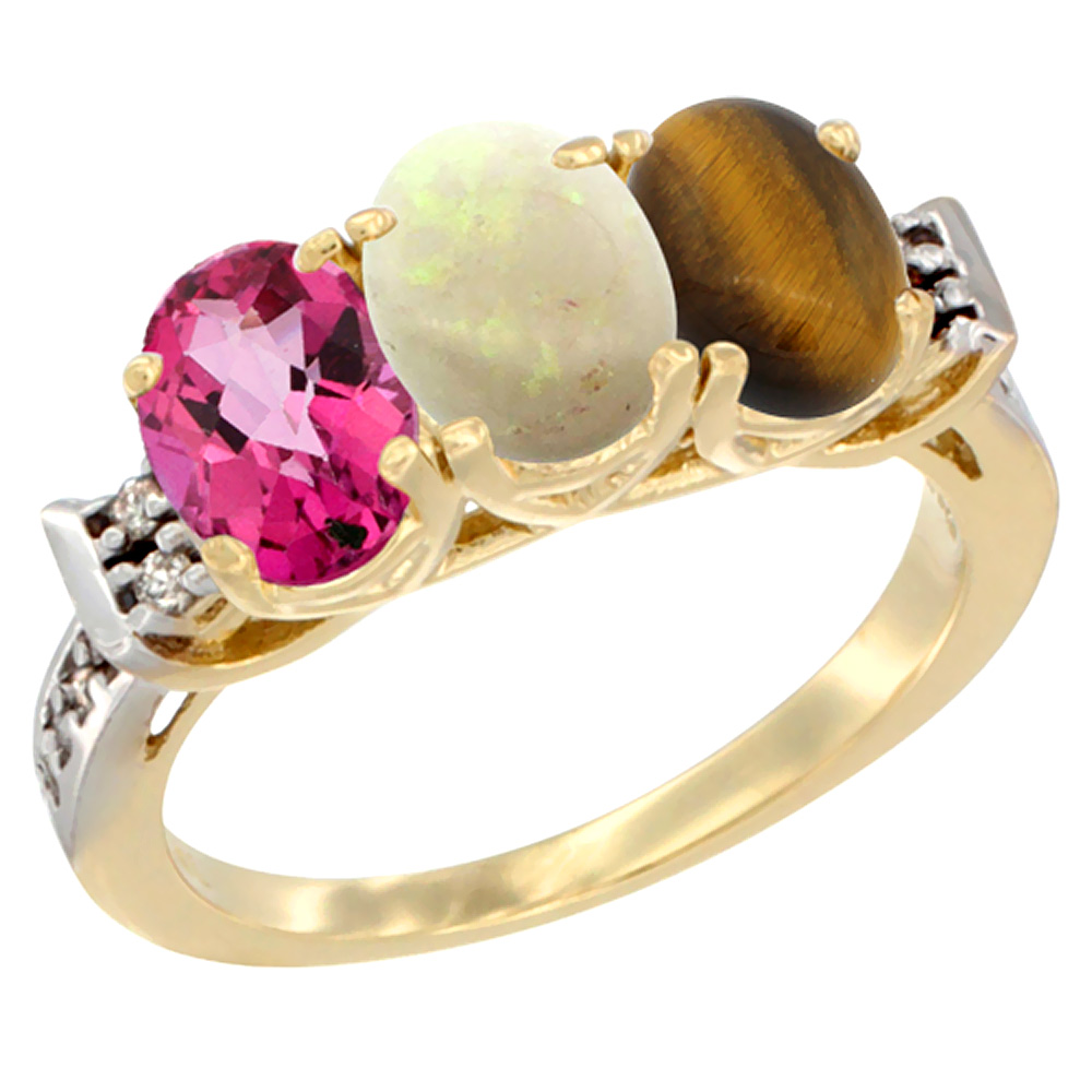 10K Yellow Gold Natural Pink Topaz, Opal & Tiger Eye Ring 3-Stone Oval 7x5 mm Diamond Accent, sizes 5 - 10