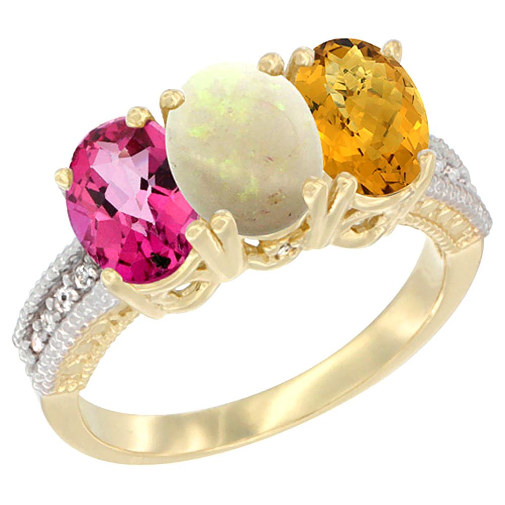 10K Yellow Gold Diamond Natural Pink Topaz, Opal &amp; Whisky Quartz Ring 3-Stone 7x5 mm Oval, sizes 5 - 10