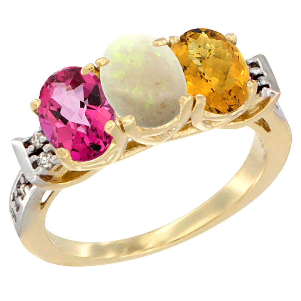 10K Yellow Gold Natural Pink Topaz, Opal & Whisky Quartz Ring 3-Stone Oval 7x5 mm Diamond Accent, sizes 5 - 10
