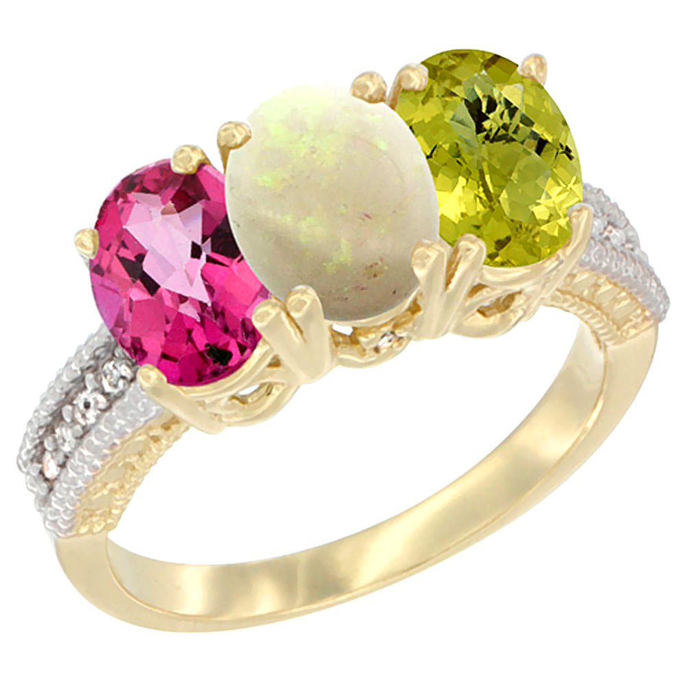 10K Yellow Gold Diamond Natural Pink Topaz, Opal & Lemon Quartz Ring 3-Stone 7x5 mm Oval, sizes 5 - 10