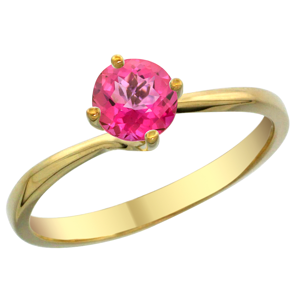 14K Yellow Gold Natural Pink Topaz Solitaire Ring Round 6mm, sizes 5 - 10