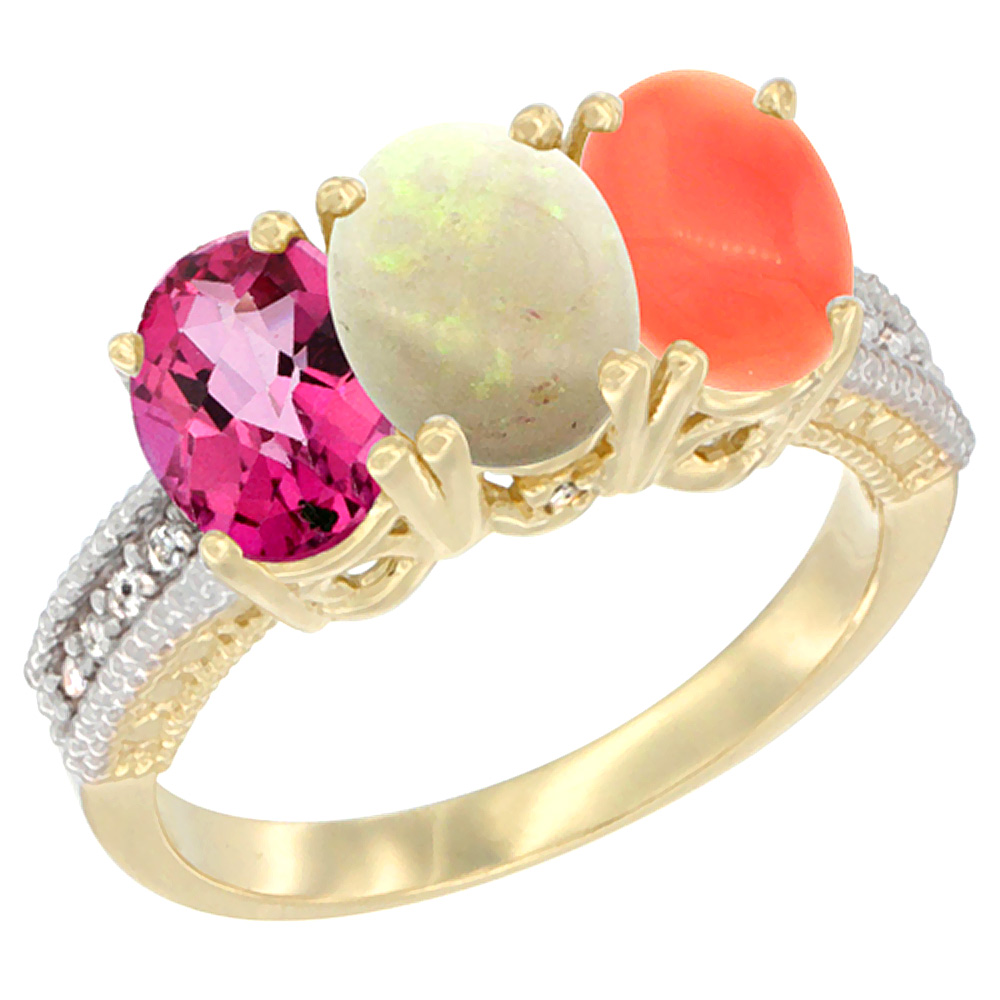 14K Yellow Gold Natural Pink Topaz, Opal &amp; Coral Ring 3-Stone 7x5 mm Oval Diamond Accent, sizes 5 - 10