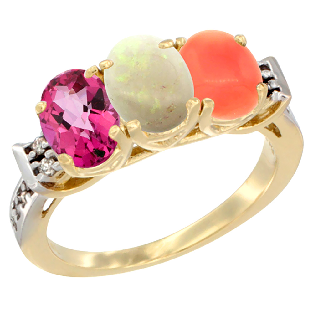 14K Yellow Gold Natural Pink Topaz, Opal &amp; Coral Ring 3-Stone Oval 7x5 mm Diamond Accent, sizes 5 - 10