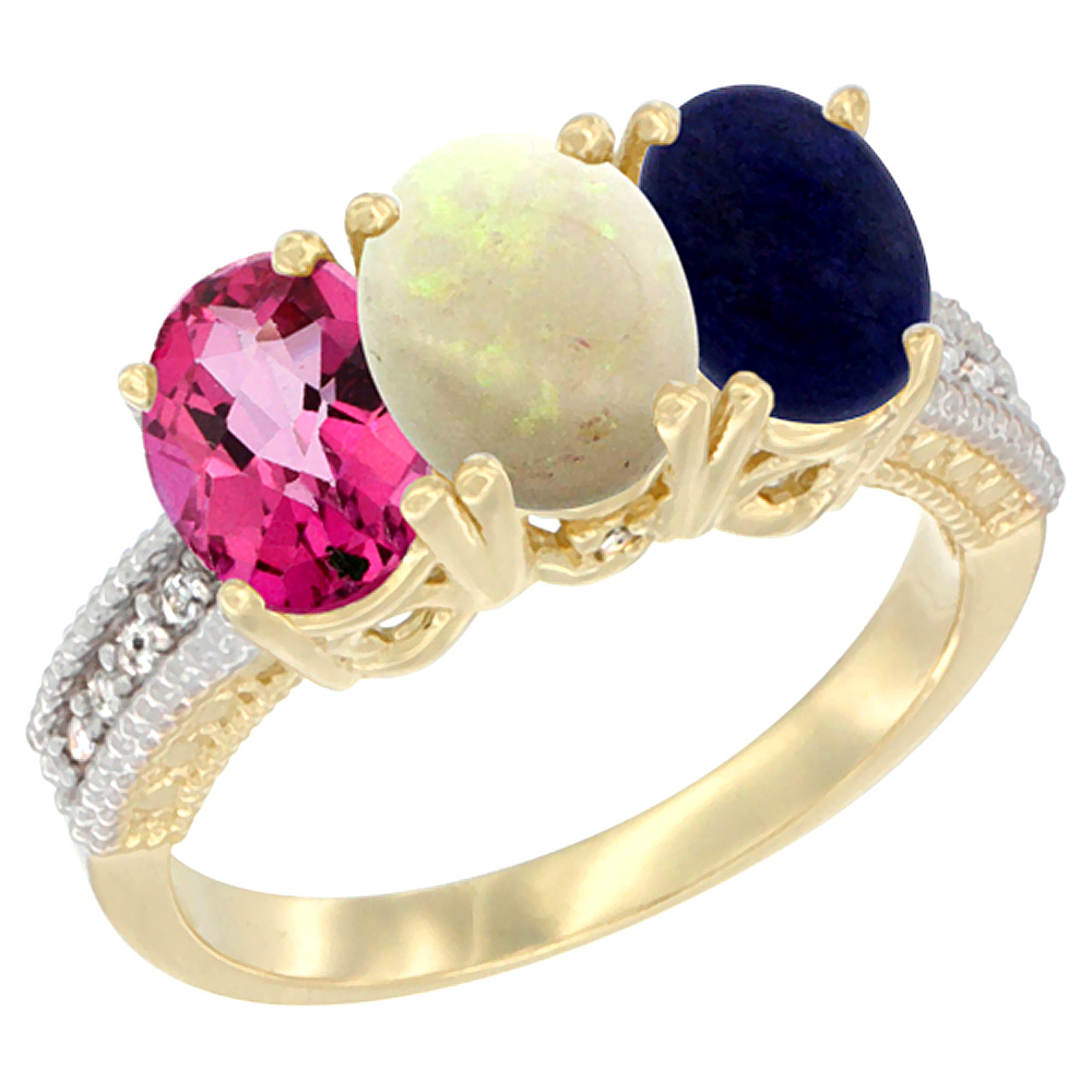 14K Yellow Gold Natural Pink Topaz, Opal &amp; Lapis Ring 3-Stone 7x5 mm Oval Diamond Accent, sizes 5 - 10