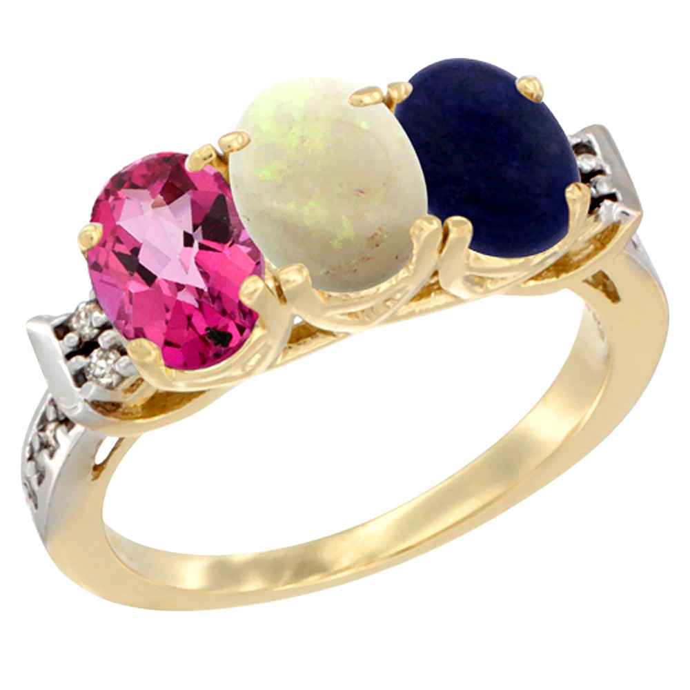 10K Yellow Gold Natural Pink Topaz, Opal & Lapis Ring 3-Stone Oval 7x5 mm Diamond Accent, sizes 5 - 10