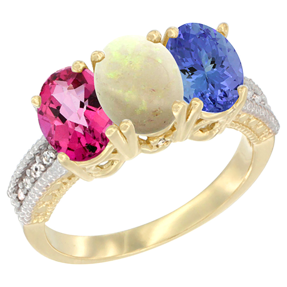 14K Yellow Gold Natural Pink Topaz, Opal &amp; Tanzanite Ring 3-Stone 7x5 mm Oval Diamond Accent, sizes 5 - 10