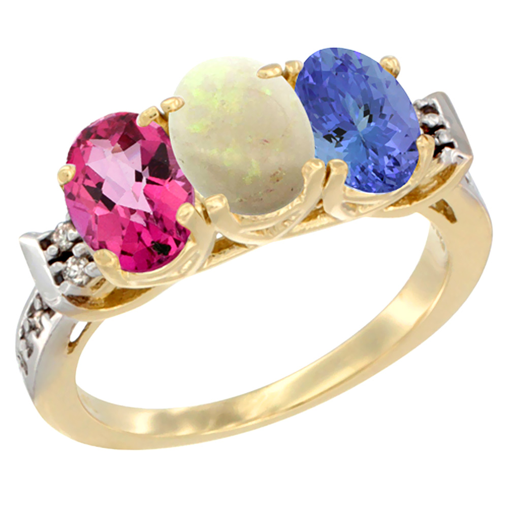 10K Yellow Gold Natural Pink Topaz, Opal &amp; Tanzanite Ring 3-Stone Oval 7x5 mm Diamond Accent, sizes 5 - 10