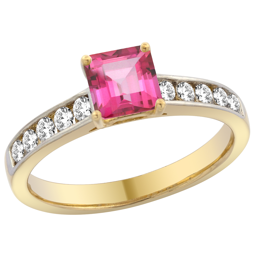 14K Yellow Gold Natural Pink Topaz Engagement Ring Princess cut 5mm, sizes 5 - 10