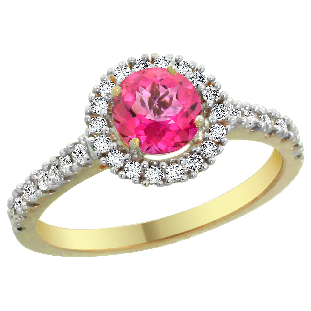 14K Yellow Gold Diamond Halo Natural Pink Topaz Ring Round 6mm, sizes 5 - 10