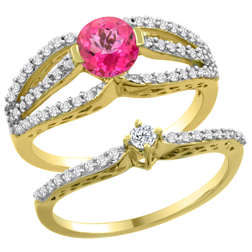 14K Yellow Gold Natural Pink Topaz 2-piece Engagement Ring Set Round 5mm, sizes 5 - 10