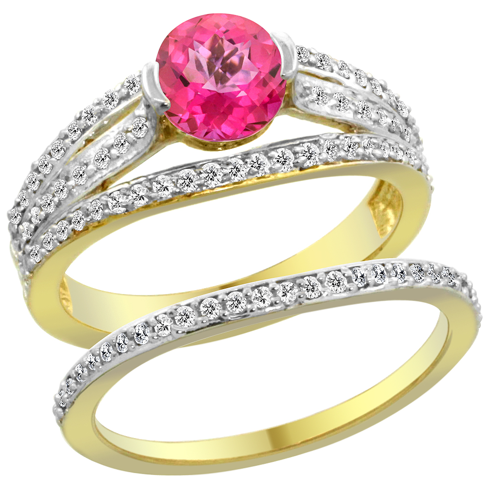 14K Yellow Gold Natural Pink Topaz 2-piece Engagement Ring Set Round 6mm, sizes 5 - 10