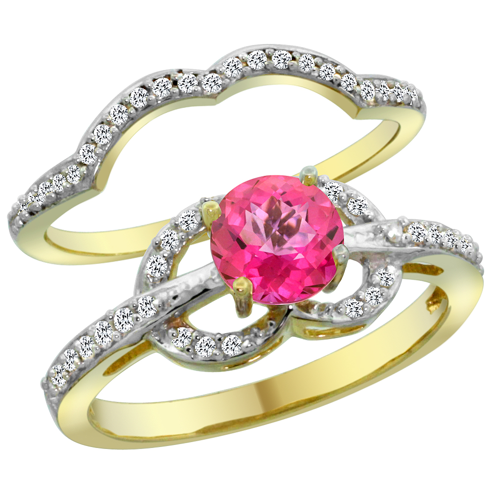 14K Yellow Gold Natural Pink Topaz 2-piece Engagement Ring Set Round 6mm, sizes 5 - 10