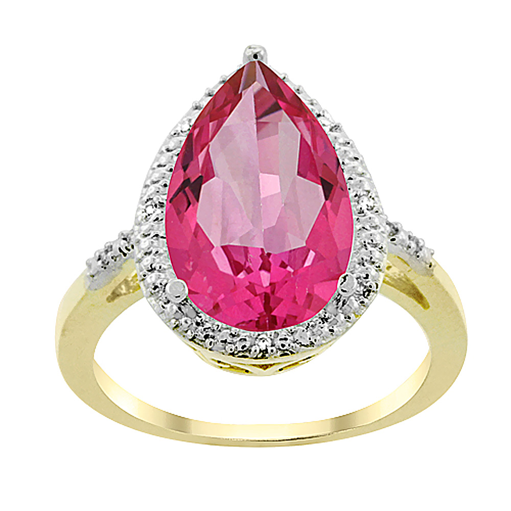 10K Yellow Gold Natural Pink Topaz Ring Pear Shape 10x15 mm Diamond Accent, sizes 5 - 10