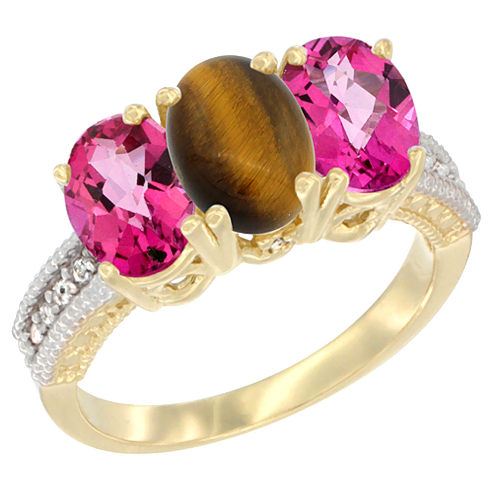 10K Yellow Gold Diamond Natural Tiger Eye &amp; Pink Topaz Ring 3-Stone 7x5 mm Oval, sizes 5 - 10