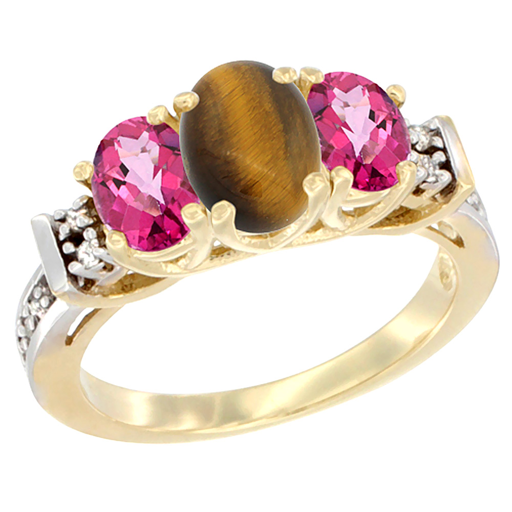 14K Yellow Gold Natural Tiger Eye &amp; Pink Topaz Ring 3-Stone Oval Diamond Accent