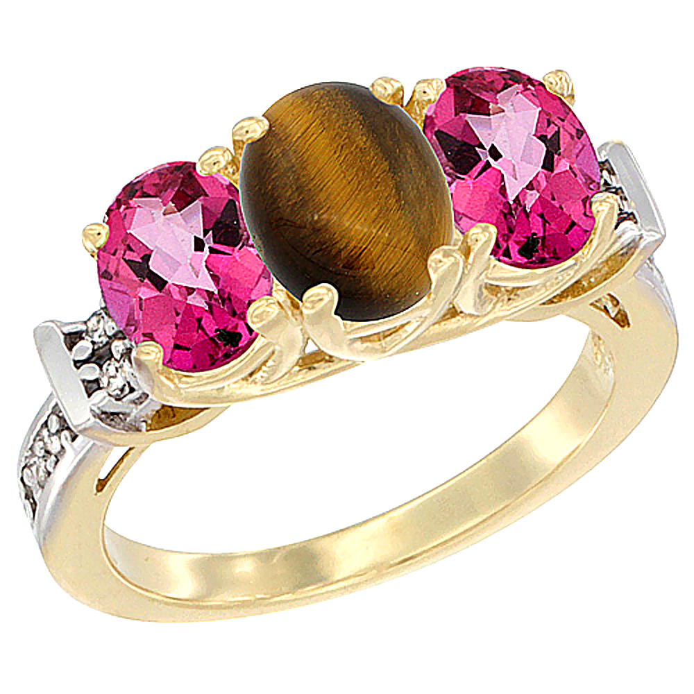 14K Yellow Gold Natural Tiger Eye & Pink Topaz Sides Ring 3-Stone Oval Diamond Accent, sizes 5 - 10